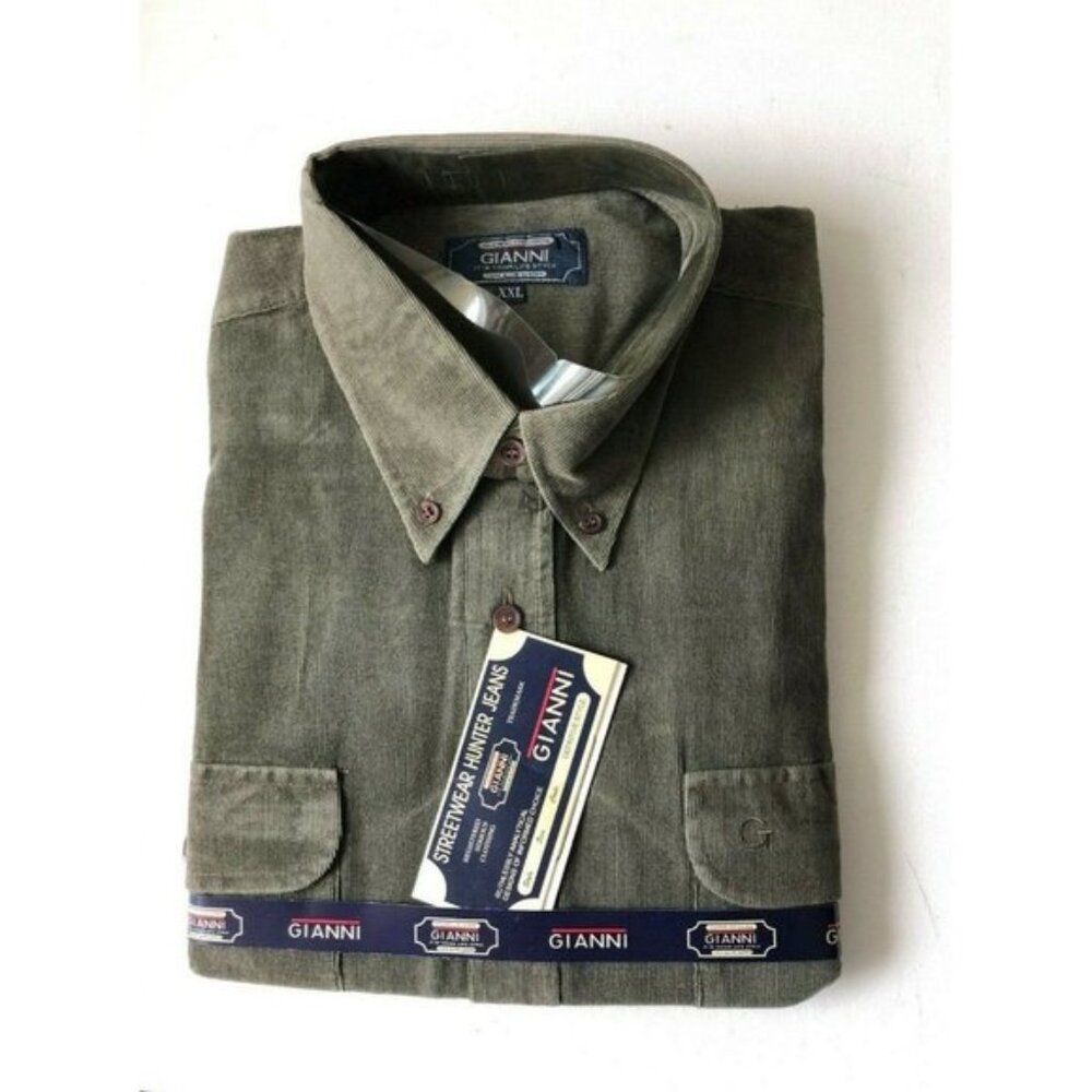 Gianni Green Shirt Button-Down Lg Sleeve Point collar 2 Chest pocket Velvet XXL